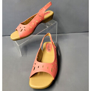 Comfort Ease Sandals Womens 9.5M Coral Pink Slingback Eyelet Hook & Loop Shoes